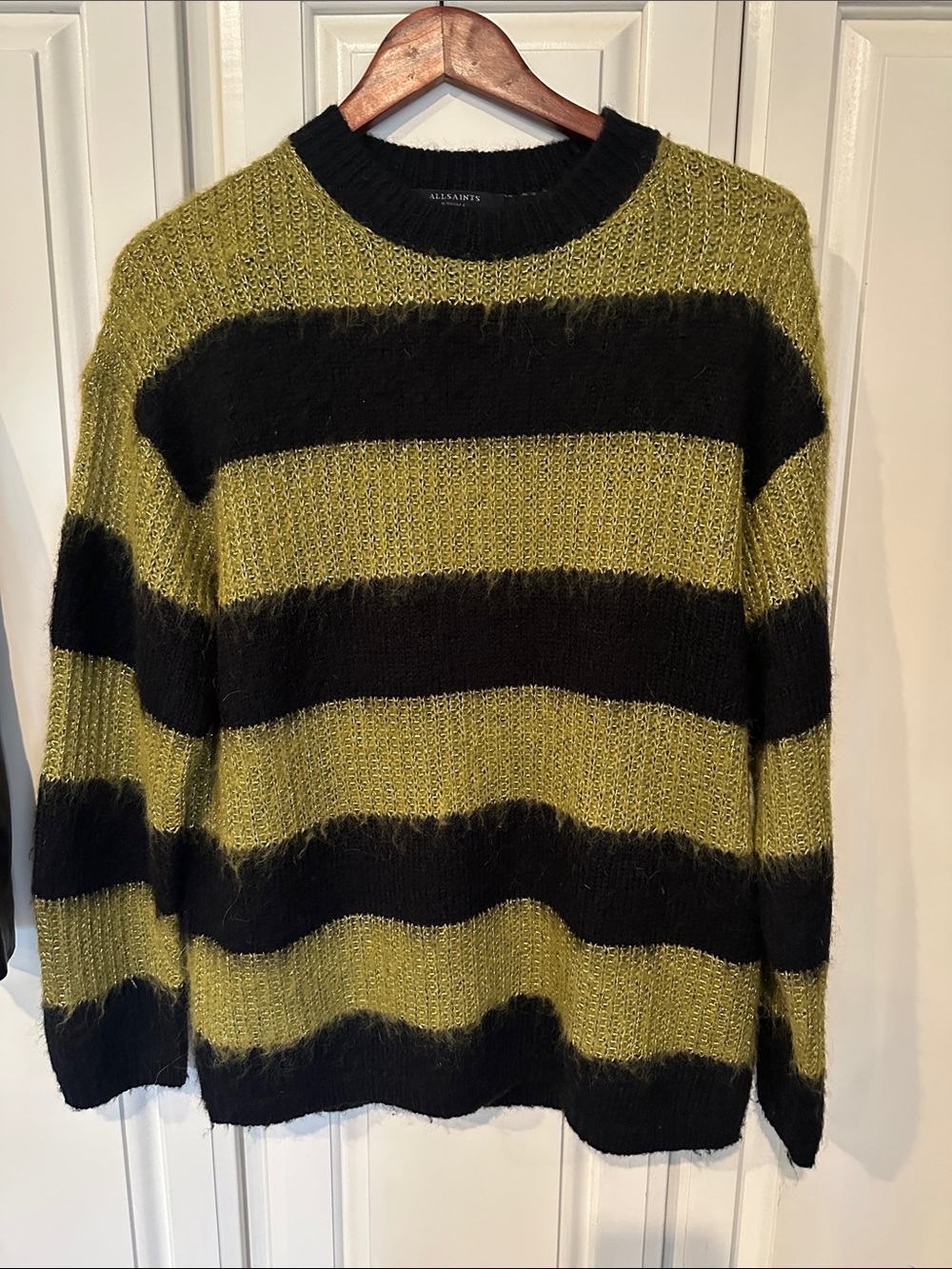 All Saints Olive Green and Black Wide-Stripe Crewneck Sweater